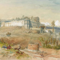 Un fort de colline perse, avec des personnages fumant au premier plan, 1849
