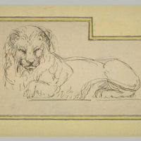 Lion couché, le corps vu de profil, la tête vue de face Delacroix