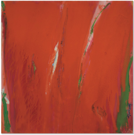 Peinture "Rouge orange coulé, traces blanches et vertes", 1996