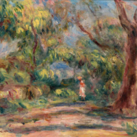Paysage, allée de ferme avec femme en rouge et blanc Renoir