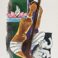 Lithographie Femme et éléphant, M.F. Husain
